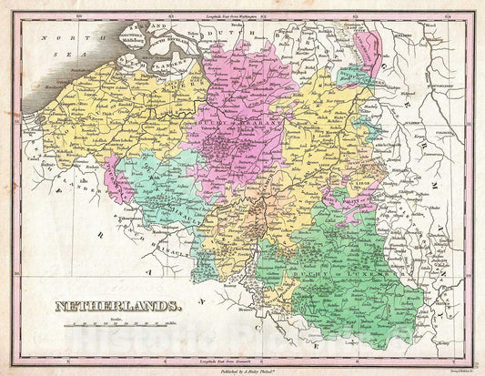Historic Map : Finley Map of Belgium and Luxembourg, 1827, Vintage Wall Art