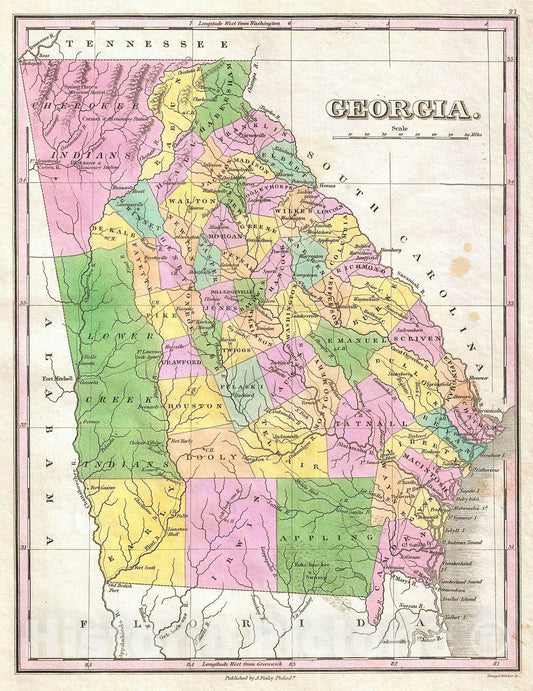 Historic Map : Finley Map of Georgia , 1827, Vintage Wall Art