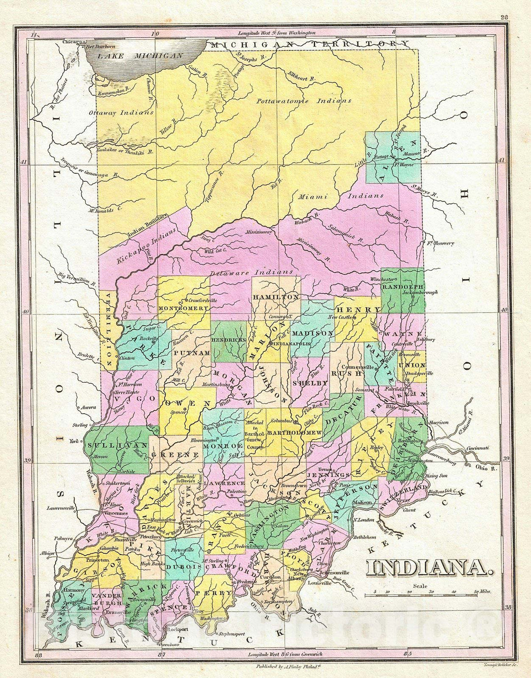 Historic Map : Finley Map of Indiana, 1827, Vintage Wall Art