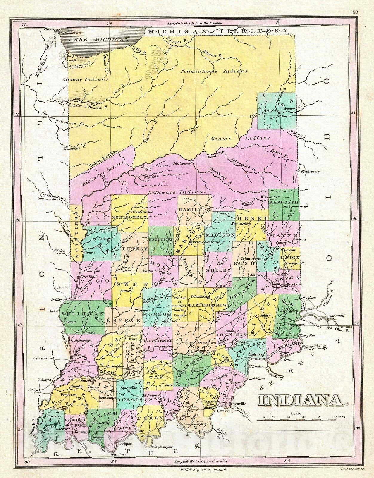 Historic Map : Finley Map of Indiana, 1827, Vintage Wall Art