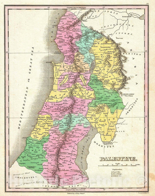 Historic Map : Finley Map of Israel, Palestine Holy Land, 1827, Vintage Wall Art