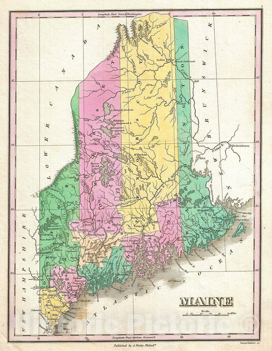 Historic Map : Finley Map of Maine , 1827, Vintage Wall Art