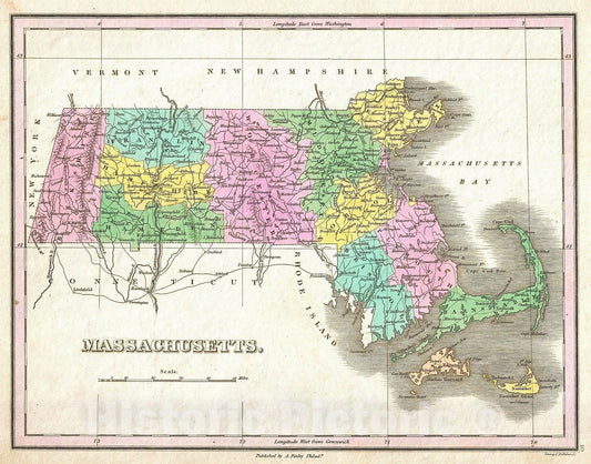 Historic Map : Finley Map of Massachusetts, 1827, Vintage Wall Art