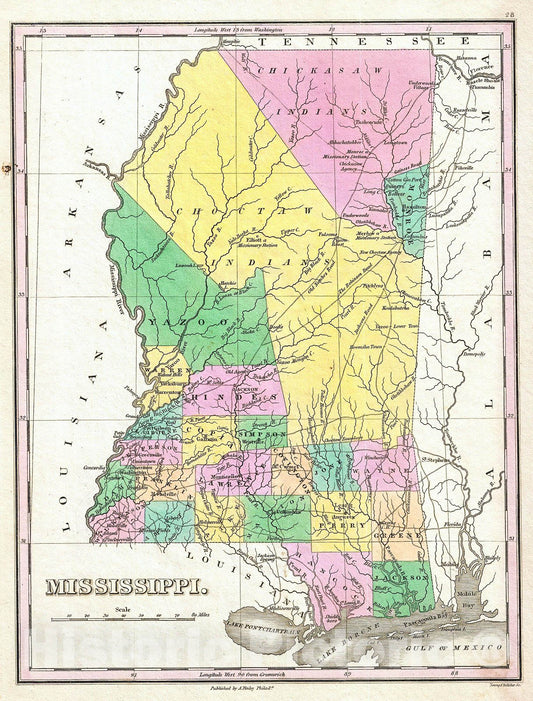 Historic Map : Finley Map of Mississippi , 1827, Vintage Wall Art
