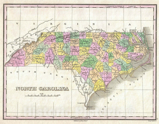 Historic Map : Finley Map of North Carolina, 1827, Vintage Wall Art