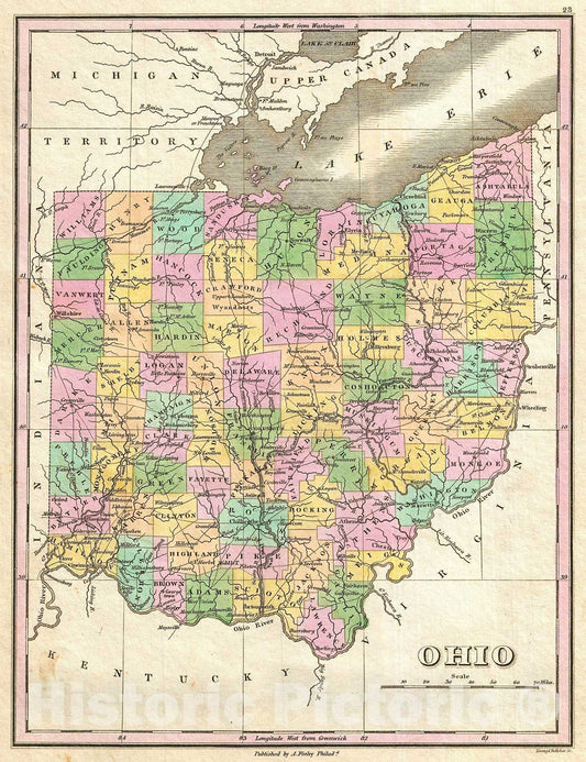 Historic Map : Finley Map of Ohio , 1827, Vintage Wall Art