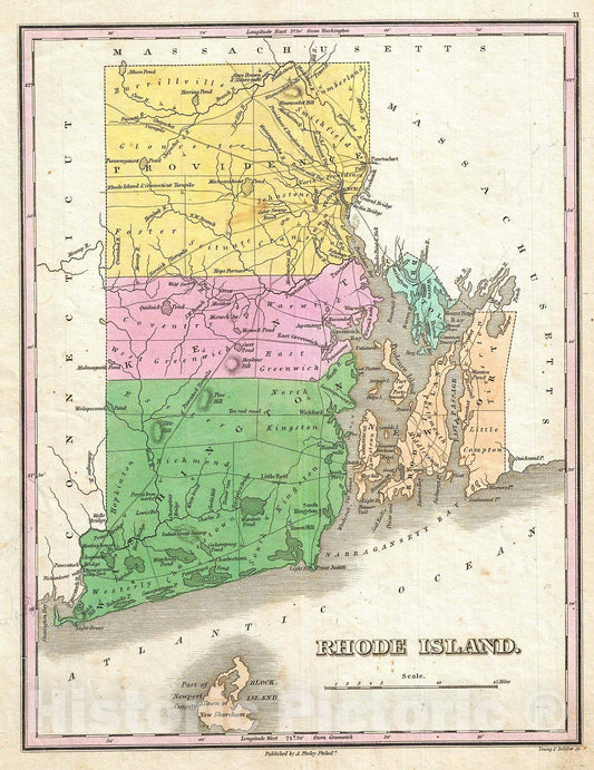 Historic Map : Finley Map of Rhode Island , 1827, Vintage Wall Art
