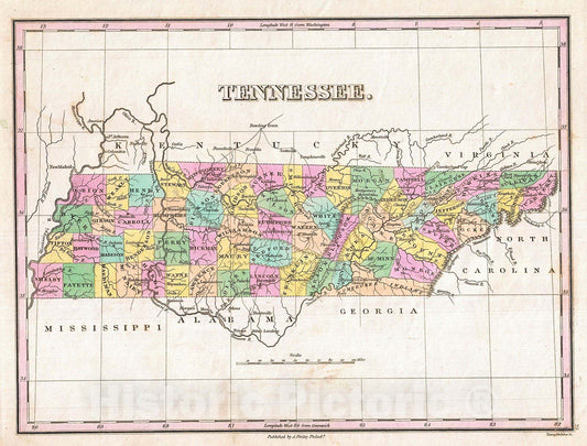 Historic Map : Finley Map of Tennessee, 1827, Vintage Wall Art