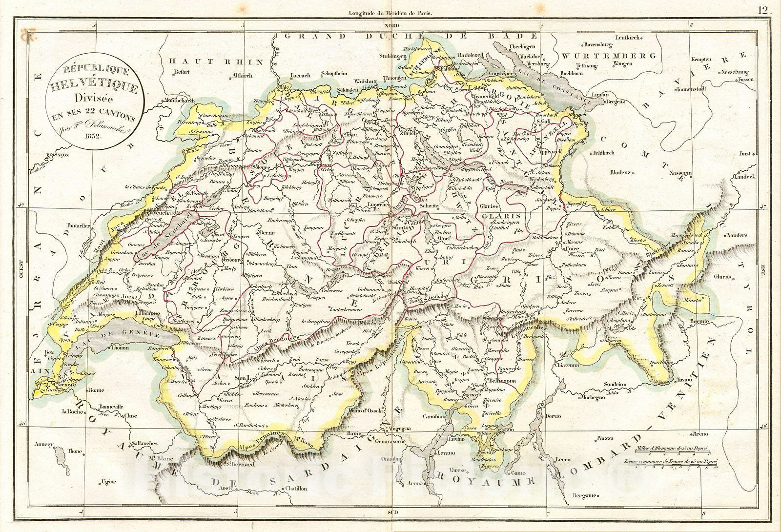 Historic Map : Delamarche Map of Switzerland, 1832, Vintage Wall Art