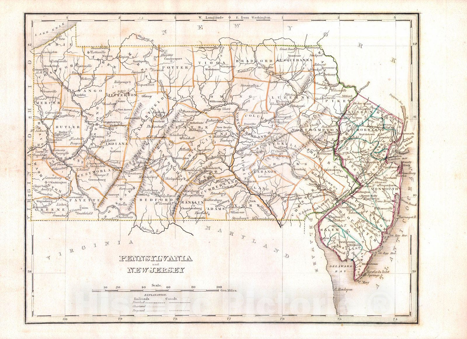 Historic Map : BraArtd Map of Pennsylvania and New Jersey, 1835, Vintage Wall Art