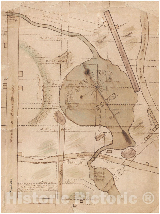 Historic Map : ric Vintage1840 Manuscript Map of The Collect Pond and Five Points, New York City, Pict, Vintage Wall Art