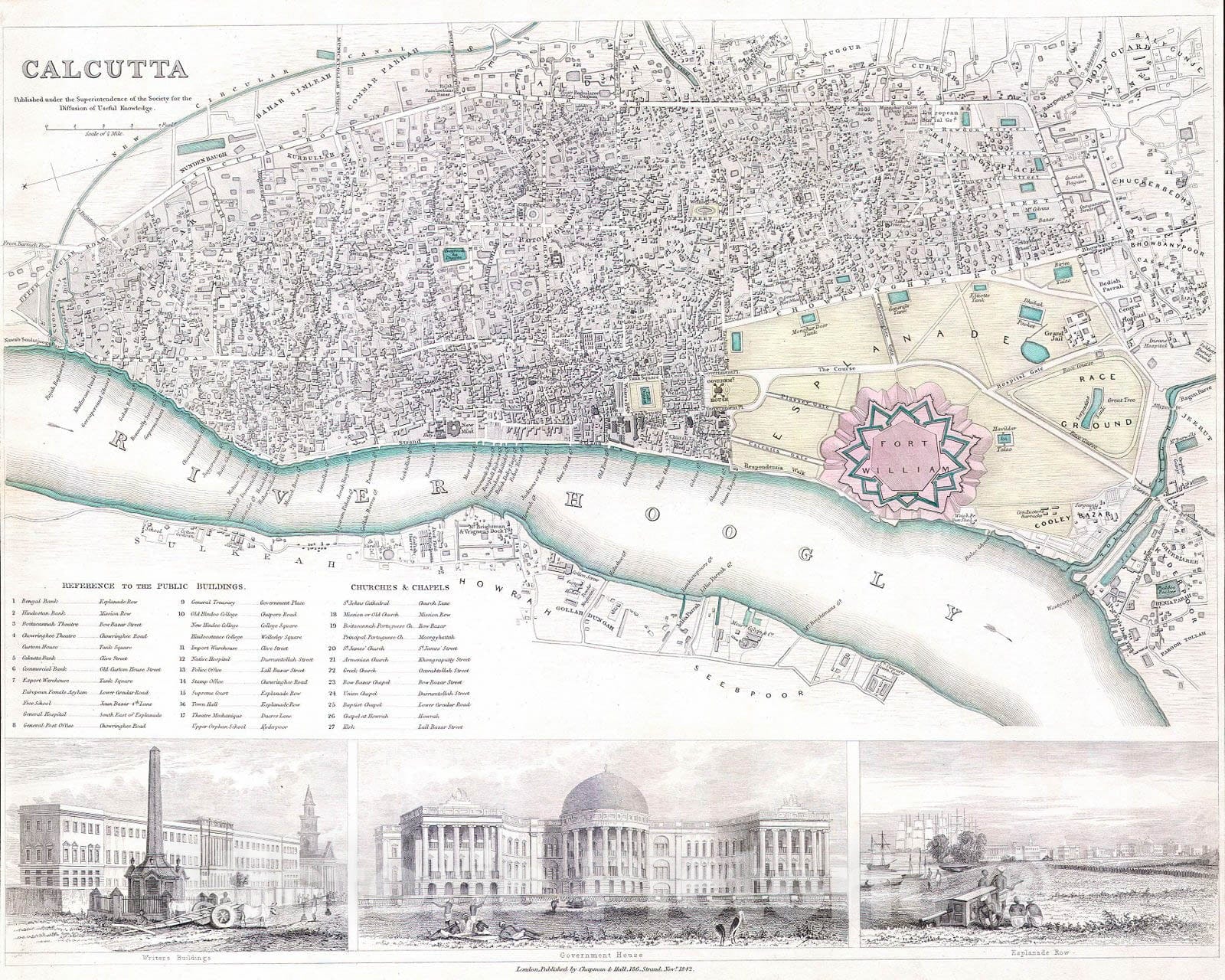 Historic Map : S.D.U.K. Map of The City of Calcutta, India , 1842, Vintage Wall Art