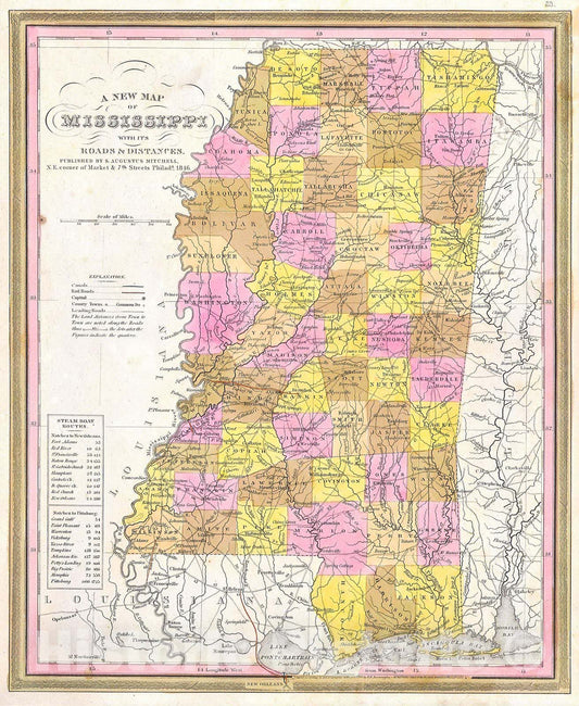 Historic Map : Burroughs, Mitchell Map of Mississippi, 1846, Vintage Wall Art