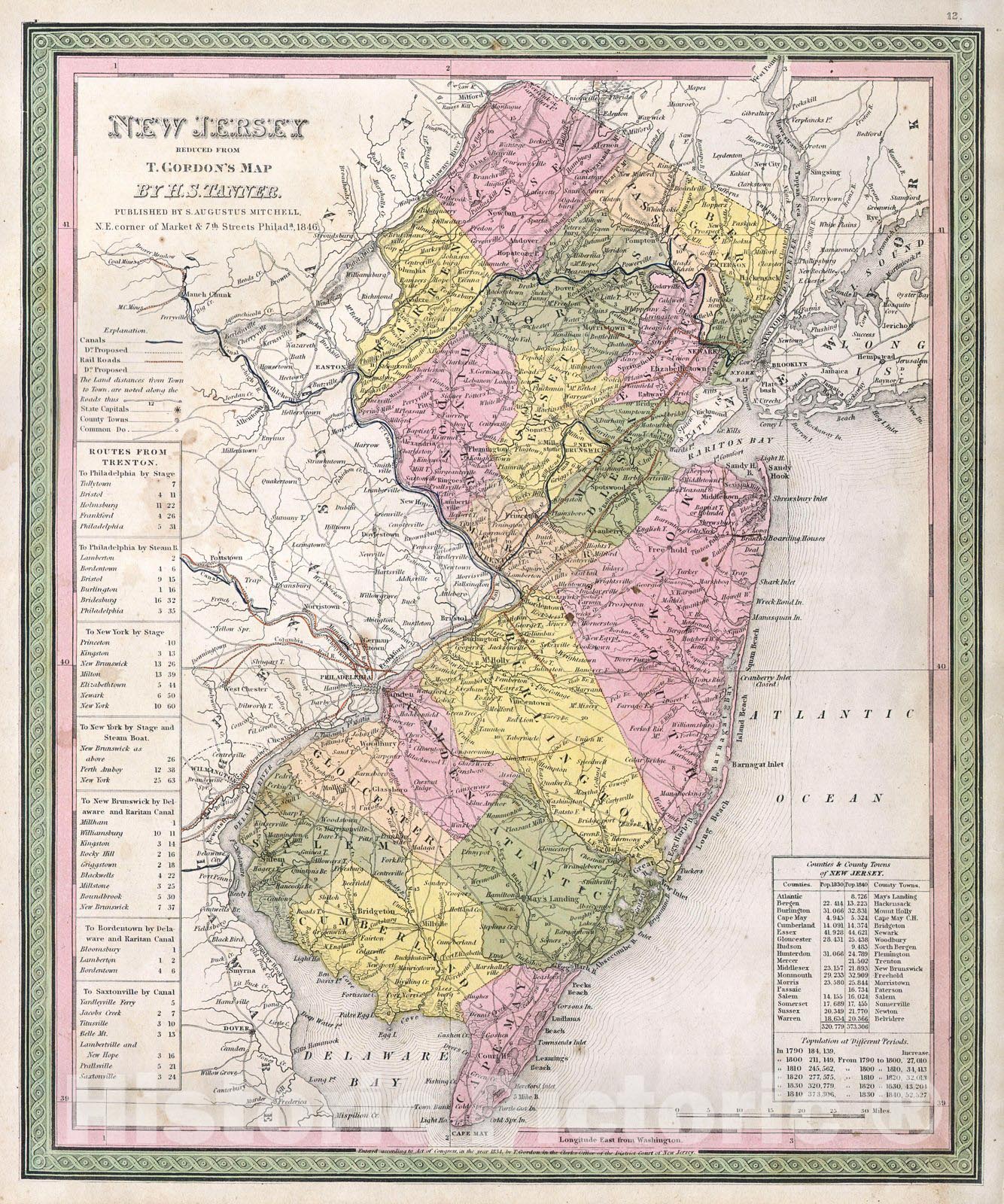Historic Map : Mitchell, Tanner Map of New Jersey , 1846, Vintage Wall Art