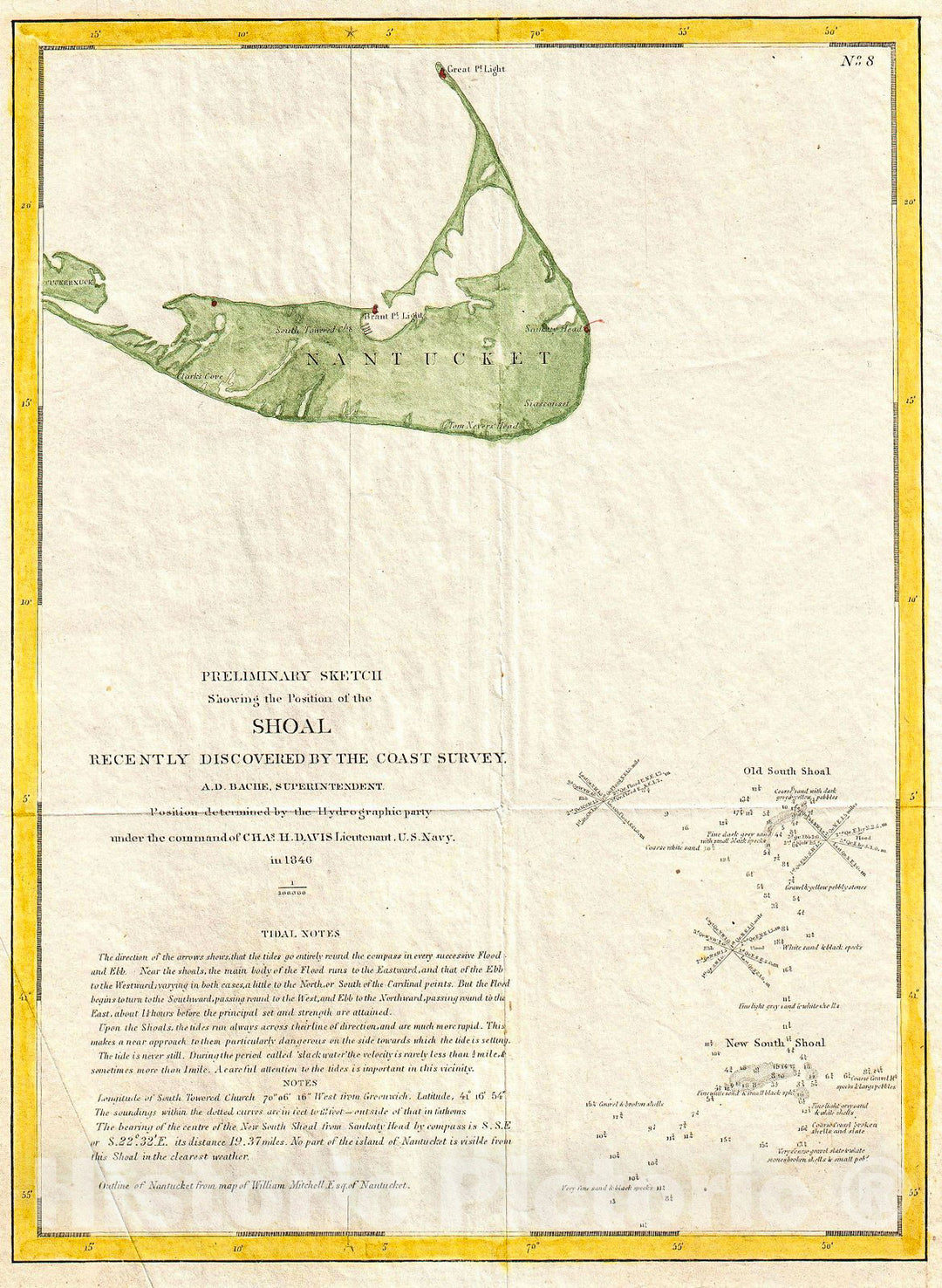 Historic Map : U.S. Coast Survey Map of Nantucket (First U.S.C.S. Map of The Davis Shoals) , 1846, Vintage Wall Art