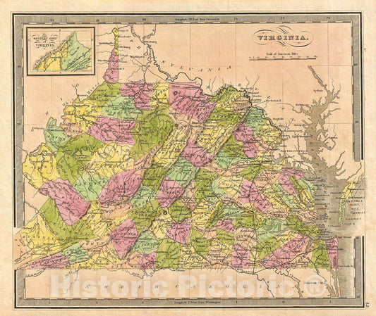 Historic Map : Greenleaf Map of Virginia , 1848, Vintage Wall Art