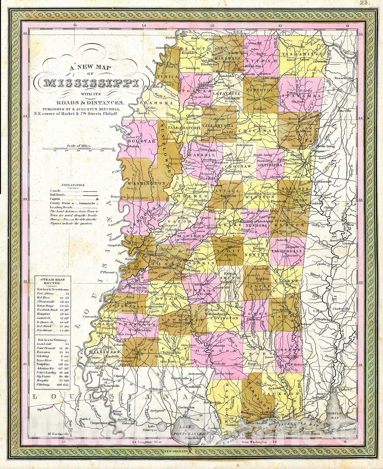 Historic Map : Cowperthwait, Mitchell Map of Mississippi, 1849, Vintage Wall Art