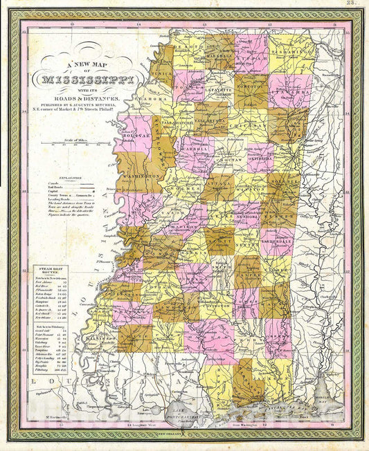 Historic Map : Cowperthwait, Mitchell Map of Mississippi, 1849, Vintage Wall Art