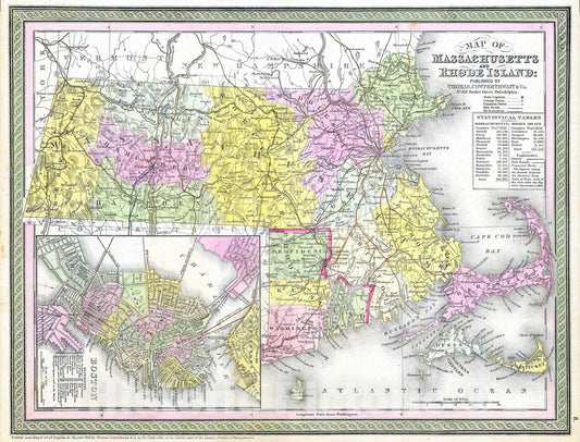 Historic Map : Cowperthwait, Mitchell Map of Massachusetts and Rhode Island, 1850, Vintage Wall Art