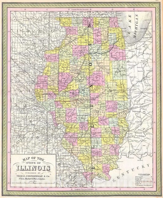 Historic Map : Cowperthwait Map of Illinois, 1850, Vintage Wall Art