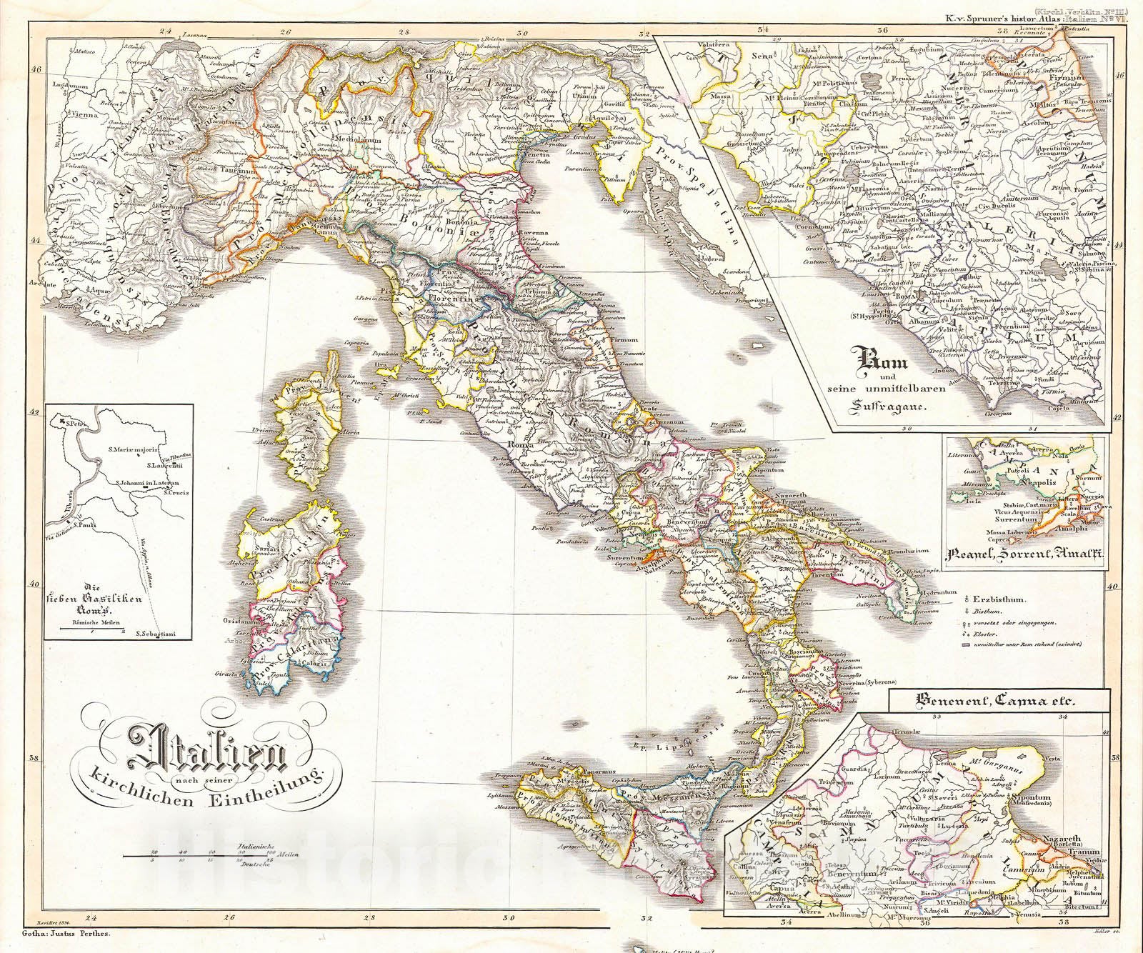 Historic Map : Justus Perthes Map of Italy , 1850, Vintage Wall Art
