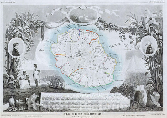 Historic Map : Levasseur Map of ILE de La Reunion, 1850, Vintage Wall Art