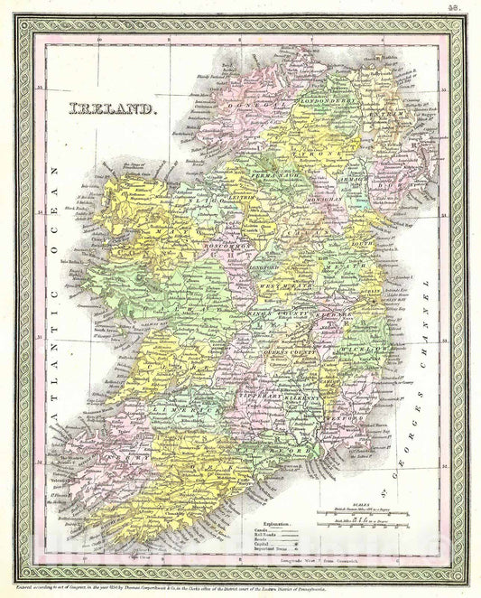 Historic Map : Mitchell and Cowperthwait Map of Ireland, 1850, Vintage Wall Art