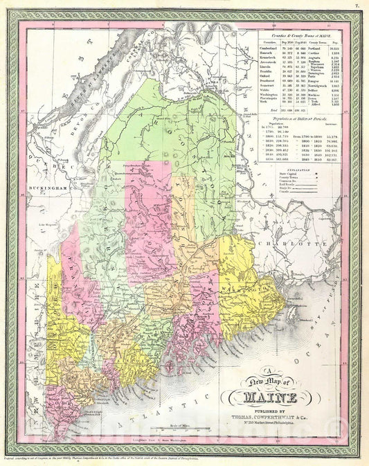 Historic Map : Mitchell Map of Maine, Version 2, 1850, Vintage Wall Art