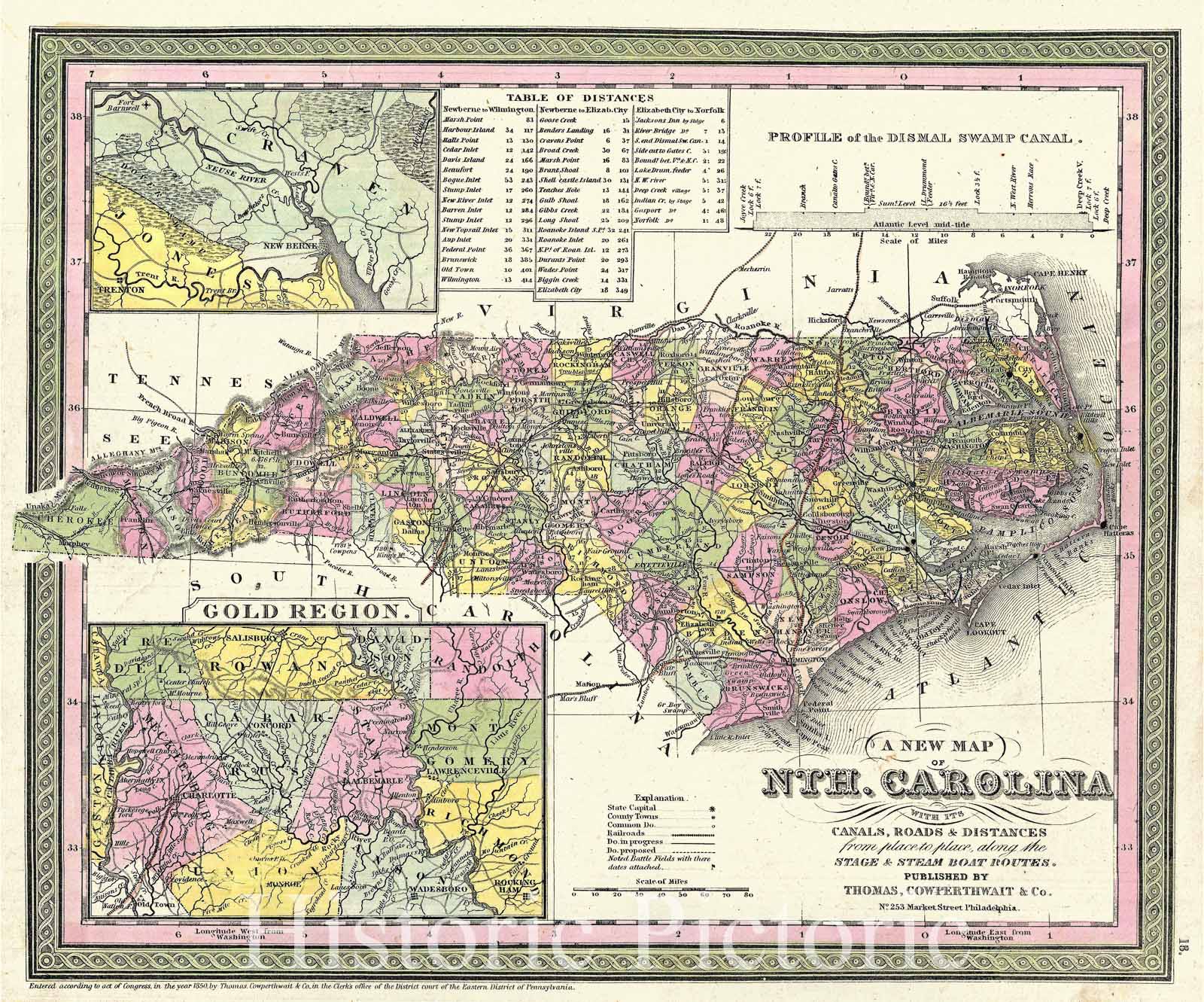 Historic Map : Mitchell Map of North Carolina Showing Gold Regions , 1850, Vintage Wall Art