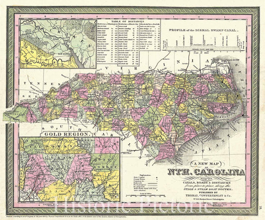 Historic Map : Mitchell Map of North Carolina Showing Gold Regions , 1850, Vintage Wall Art