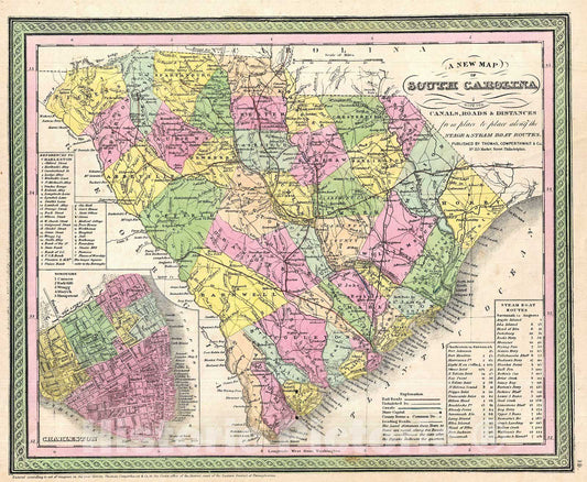 Historic Map : Mitchell Map of South Carolina with Charleston Inset , 1850, Vintage Wall Art