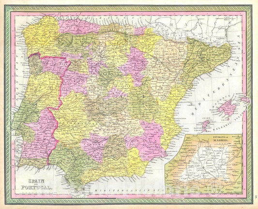 Historic Map : Mitchell Map of Spain and Portugal , Version 2, 1850, Vintage Wall Art