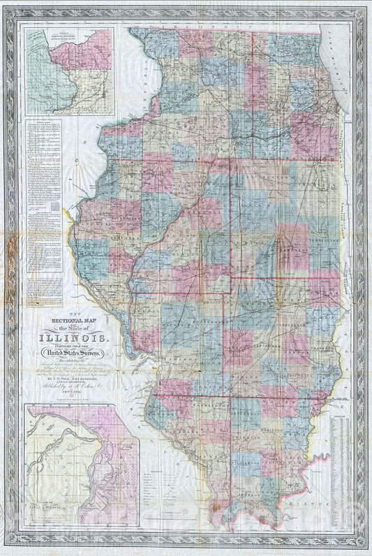 Historic Map : Colton Sectional Pocket Map of Illinois, 1852, Vintage Wall Art