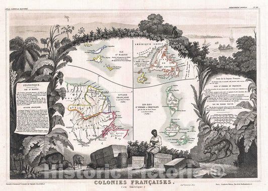 Historic Map : Levasseur Map of Guyana, Miquelon, Newfoundland, and St. Martin, 1852, Vintage Wall Art