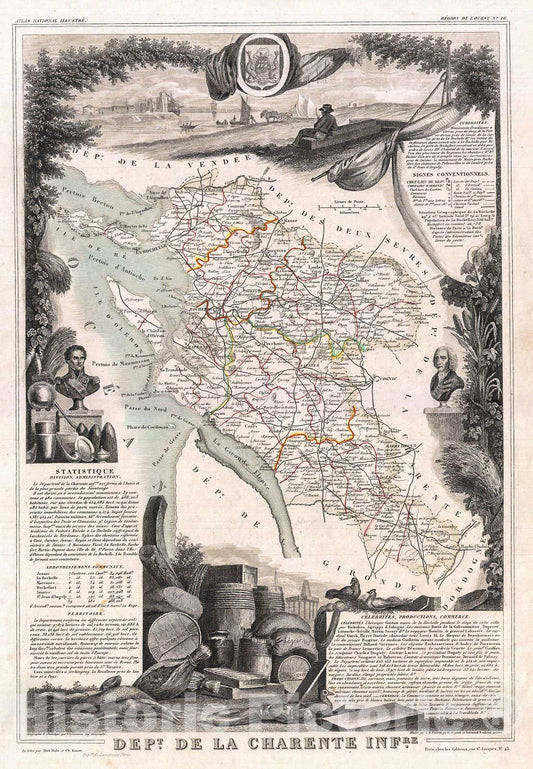 Historic Map : Levasseur Map of The Department De La Charente Maritime, 1852, Vintage Wall Art