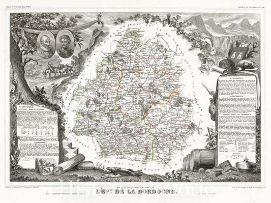 Historic Map : Levasseur Map of The Department de La Dordogne, France (Monbazillac Wine Region), 1852, Vintage Wall Art