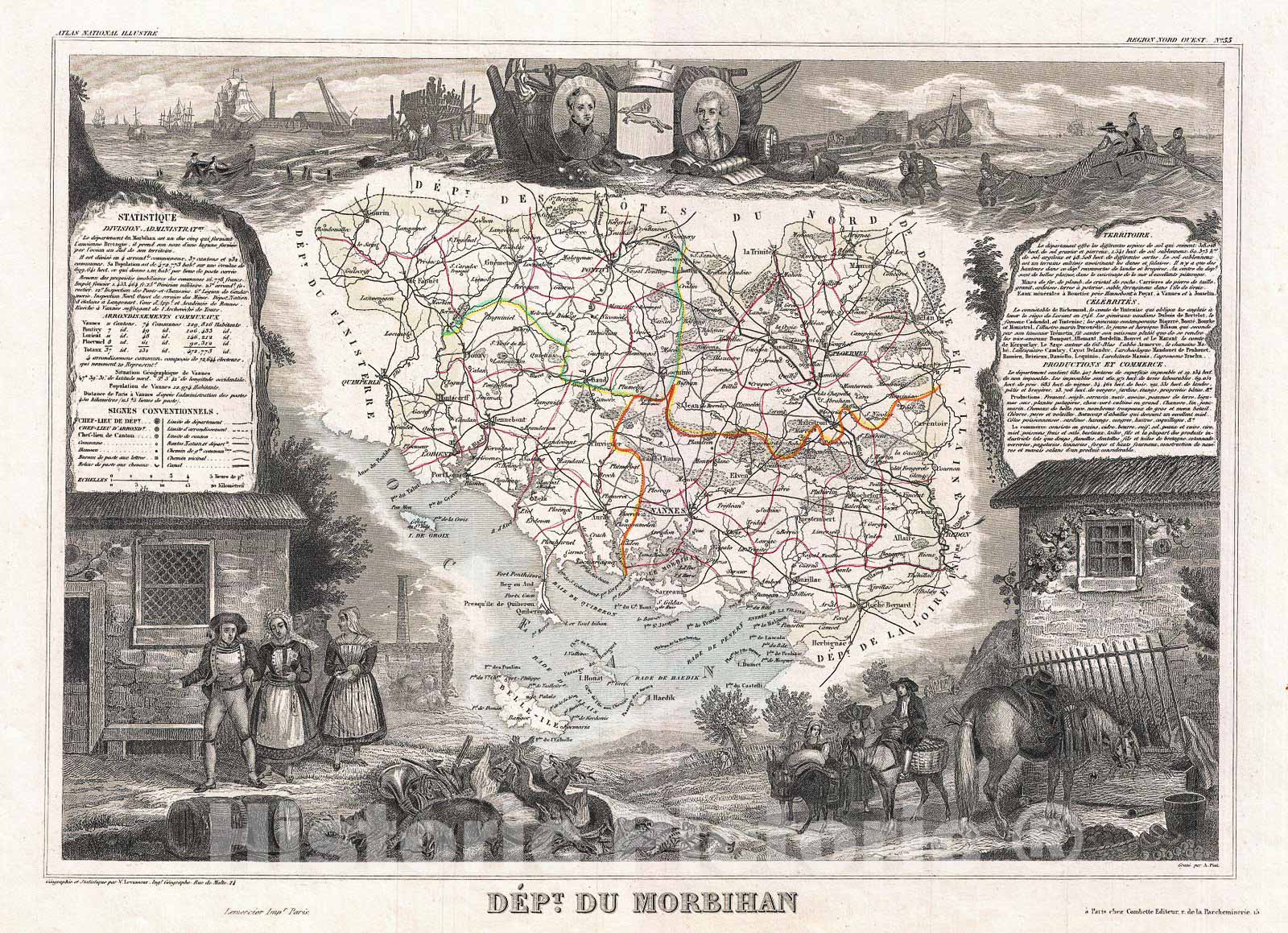 Historic Map : Levasseur Map of The Department Du Morbihan, France, 1852, Vintage Wall Art