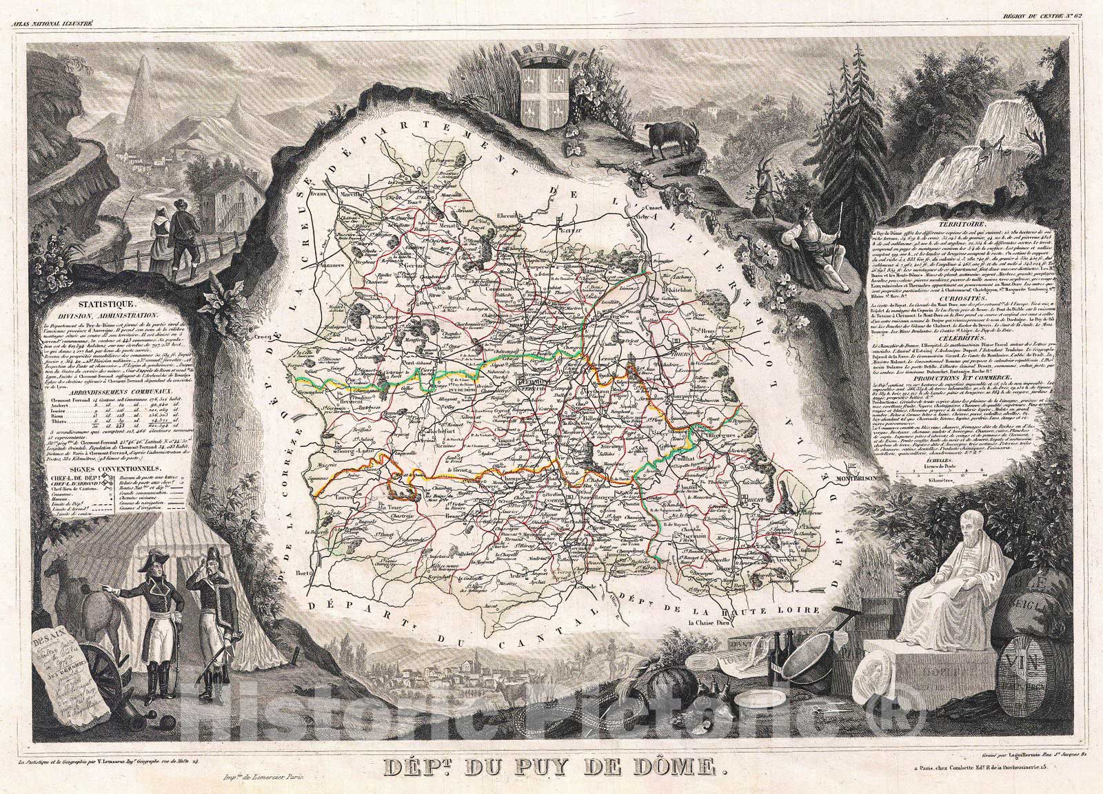 Historic Map : Levasseur Map of The Department Du PUY de Dome, France, 1852, Vintage Wall Art