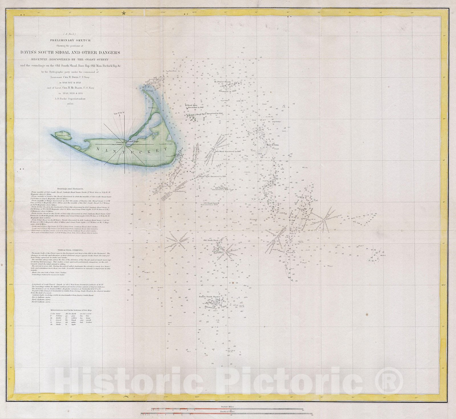 Historic Map : U.S.C.S. Map or Chart of Nantucket, Massachusetts , 1852, Vintage Wall Art