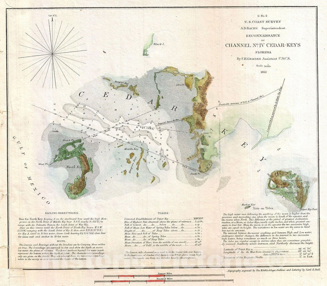 Historic Map : U.S. Coast Survey Map of Cedar Key, Florida , 1852, Vintage Wall Art