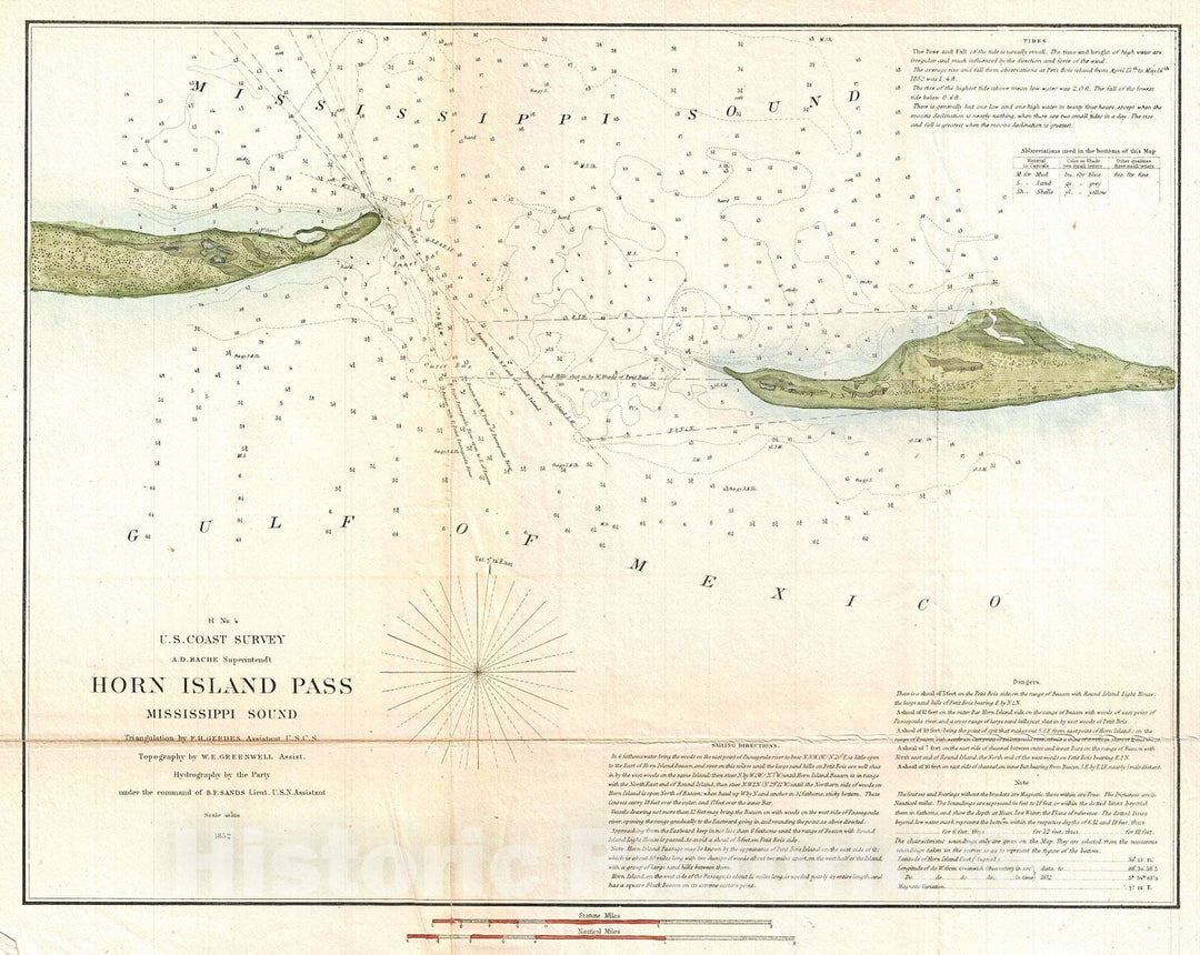 Historic Map : U.S. Coast Survey Map of Horn Island Pass, Mississippi Sound , 1852, Vintage Wall Art