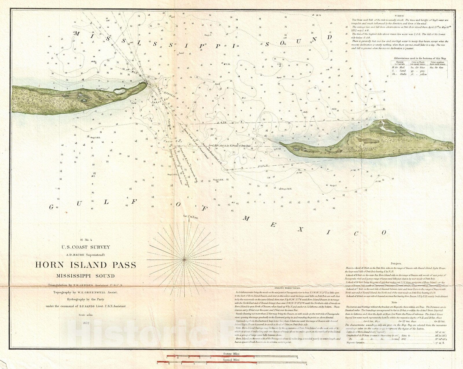 Historic Map : U.S. Coast Survey Map of Horn Island Pass, Mississippi Sound , 1852, Vintage Wall Art