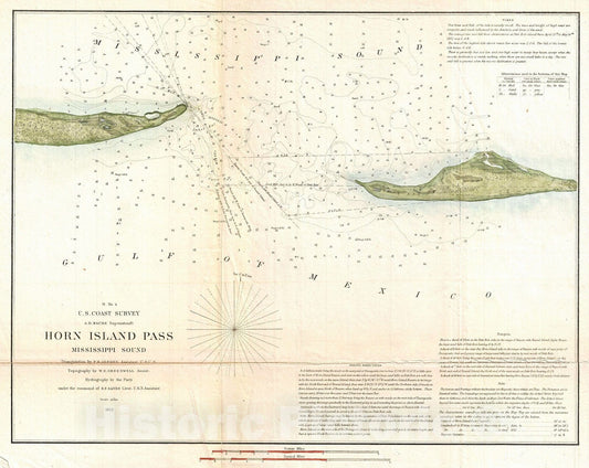 Historic Map : U.S. Coast Survey Map of Horn Island Pass, Mississippi Sound , 1852, Vintage Wall Art