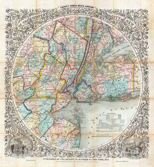 Historic Map : Colton Map of New York and Vicinity (33 Miles Around) , 1853, Vintage Wall Art