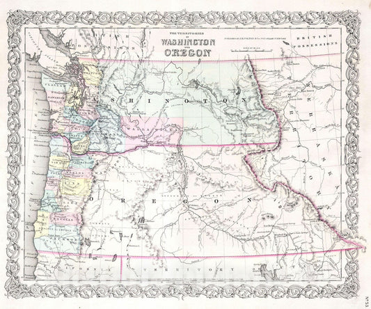 Historic Map : Colton Map of Washington and Oregon (w Montana, Idaho) , 1853, Vintage Wall Art
