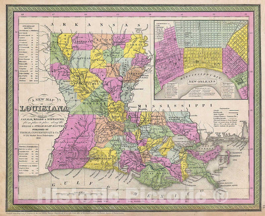 Historic Map : Mitchell Map of Louisiana , 1853, Vintage Wall Art