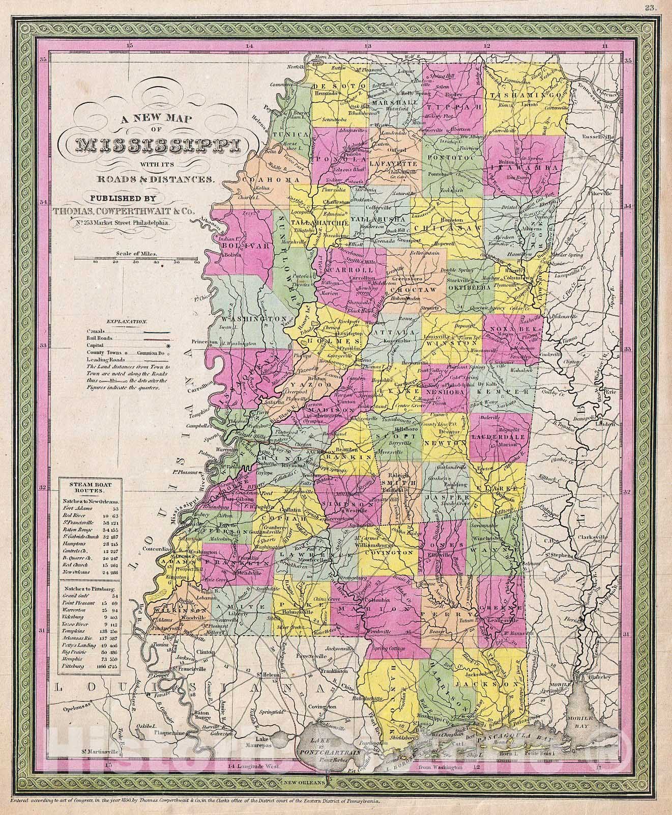 Historic Map : Mitchell Map of Mississippi, Version 2, 1853, Vintage Wall Art