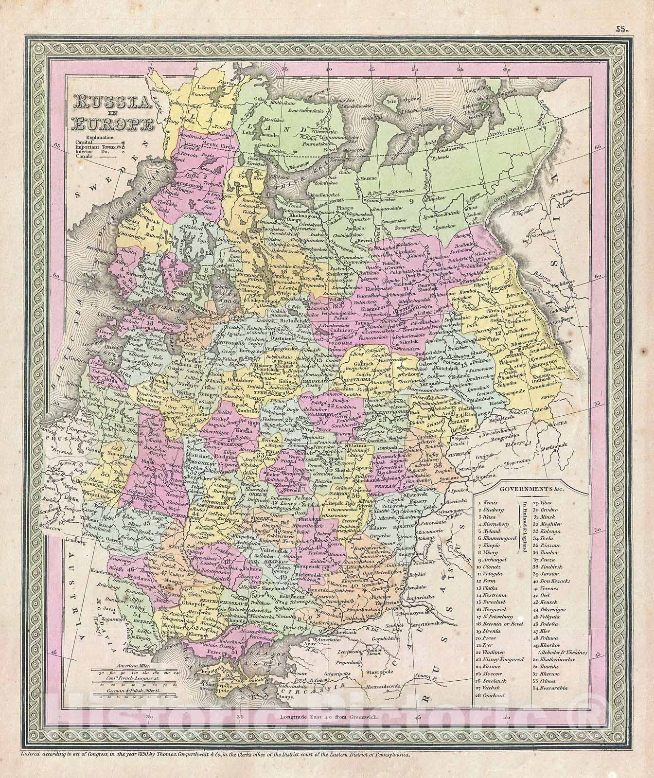 Historic Map : Mitchell Map of Russia , 1853, Vintage Wall Art