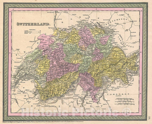 Historic Map : Mitchell Map of Switzerland , 1853, Vintage Wall Art
