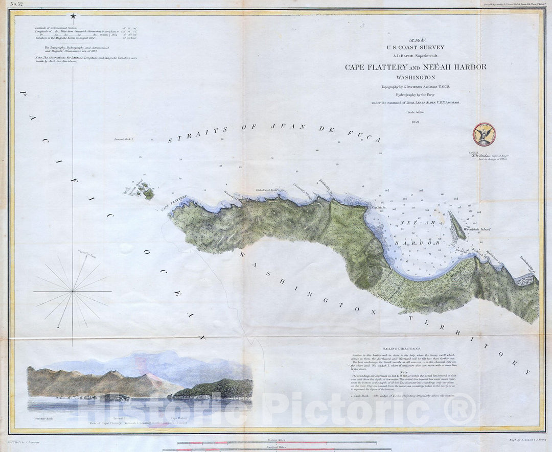 Historic Map : U.S.C.S. Chart or Map of Cape Flattery and NeeAH Harbor, Washington , 1853, Vintage Wall Art